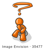 #35477 Clip Art Graphic Of An Orange Guy Character Seated On A Rock And Resting His Chin In His Hand While Wondering