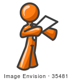 #35481 Clip Art Graphic Of An Orange Guy Character Standing And Reading A Memo