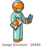 #35483 Clip Art Graphic Of An Orange Guy Character Doctor Holding A Cell Phone And Clipboard