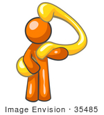 #35485 Clip Art Graphic Of An Orange Guy Character Holding A Curvy Question Mark