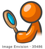 #35486 Clip Art Graphic Of An Orange Guy Character Searching Through A Magnifying Glass