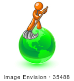 #35488 Clip Art Graphic Of An Orange Guy Character Mopping Up A Mess On A Green Globe