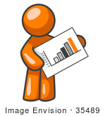 #35489 Clip Art Graphic Of An Orange Guy Character Holding A Business Bar Graph