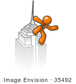 #35492 Clip Art Graphic Of An Orange Guy Character Standing Atop A Tall Skyscraper In A City