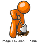 #35496 Clip Art Graphic Of An Orange Guy Character Using A Shovel To Dig A Hole For A Plant On Arbor Day