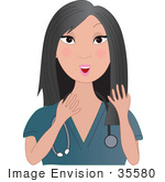 #35580 Clip Art Graphic Of A Pretty Female Asian Nurse Doctor Or Vet Gesturing With Her Hands While Talking