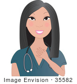 #35582 Clip Art Graphic Of A Pretty Female Asian Nurse Doctor Or Vet Smiling And Touching Her Chest Wearing A Stethoscope