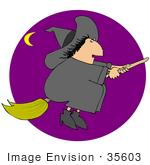 #35603 Clip Art Graphic Of A Chubby Lady Witch In Black With Black Curly Hair And A Wart Flying Past A Crescent Moon On A Broom