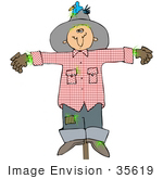 #35619 Clip Art Graphic Of A Scarecrow With A Bird Nesting In His Hat On A Post In A Crop