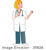 #35626 Clip Art Graphic Of A Talkative Blond Haired Female Caucasian Nurse Doctor Or Veterinarian Wearing A Stethoscope Around Her Neck And Gesturing While Talking