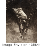 #35641 Stock Illustration Of A Fireman Rescuing A Little Girl Carrying Her On His Shoulder While Climbing Down A Ladder During A Building Fire