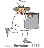 #35651 Clip Art Graphic Of A Friendly Female Caucasian Chef With Curly Hair Wearing A White Hat And Uniform Running Through A Kitchen With A Pot Of Stew
