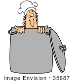 #35687 Clip Art Graphic Of A Nervous Male Caucasian Chef Wearing A Hat Hiding Inside A Crock Pot