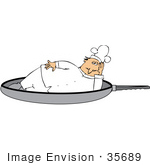 #35689 Clip Art Graphic Of A Male Caucasian Chef In A White Uniform Relaxing In A Giant Frying Pan