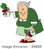 #35695 Clip Art Graphic Of A Grandmother With Gray Hair Wearing Green And Handing Out Jam For Christmas Gifts