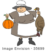 #35699 Clip Art Graphic Of A Pilgrim Woman Cooking Thanksgiving Dinner Holding A Turkey Bird And A Pumpkin