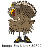 #35702 Clip Art Graphic of a Thanksgiving Turkey Bird Disguised As A Pilgrim, Wearing A Hat And Boots by DJArt