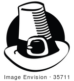 #35711 Clip Art Graphic Of A Pilgrim Hat With A Band And Buckle In Front Of A Circle Black And White