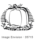 #35715 Clip Art Graphic Of A Big Pumpkin With Tendrils And A Stem Resting On Top Of Fallen Autumn Leaves Black And White