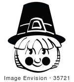 #35721 Clip Art Graphic Of A Friendly Pilgrim Boy Smiling And Wearing A Hat Black And White