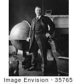 #35765 Stock Photo Of President Roosevelt Standing By A Large Globe In Front Of A Fireplace Black And White