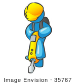 #35767 Clip Art Graphic Of A Sky Blue Guy Character Operating A Yellow Jackhammer