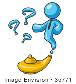 #35771 Clip Art Graphic Of A Sky Blue Guy Character Emerging From A Genie Lamp