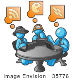 #35776 Clip Art Graphic Of Sky Blue Guy Characters Working On Laptops At A Table