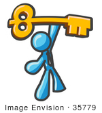 #35779 Clip Art Graphic Of A Sky Blue Guy Character Holding Up A Skeleton Key
