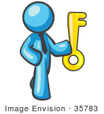#35783 Clip Art Graphic Of A Sky Blue Guy Character Standing With A Key