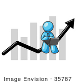 #35787 Clip Art Graphic Of A Sky Blue Guy Character On A Bar Graph Using A Notebook Computer