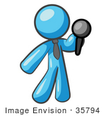 #35794 Clip Art Graphic Of A Sky Blue Guy Character Holding A Microphone