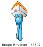 #35807 Clip Art Graphic Of A Sky Blue Guy Character Holding Up A House
