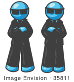 #35811 Clip Art Graphic Of Sky Blue Guy Characters Wearing Shades And Guarding A Door