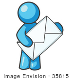 #35815 Clip Art Graphic Of A Sky Blue Guy Character Holding An Envelope
