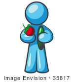 #35817 Clip Art Graphic Of A Sky Blue Guy Character Holding Veggies