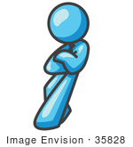 #35828 Clip Art Graphic Of A Sky Blue Guy Character Leaning Against A Wall