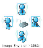 #35831 Clip Art Graphic Of A Sky Blue Guy Character Having Conversations On A Bluetooth Headset