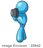 #35842 Clip Art Graphic Of A Sky Blue Guy Character Taking Pictures