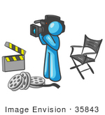 #35843 Clip Art Graphic Of A Sky Blue Guy Character Filming A Movie