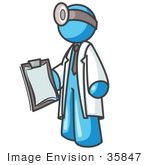 #35847 Clip Art Graphic Of A Sky Blue Guy Character Doctor Carrying A Clipboard