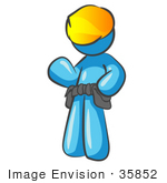 #35852 Clip Art Graphic Of A Sky Blue Guy Character Wearing A Toolbelt And Waving