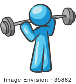 #35862 Clip Art Graphic Of A Sky Blue Guy Character Lifting A Barbell