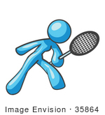 #35864 Clip Art Graphic Of A Sky Blue Lady Character Playing Tennis
