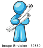 #35869 Clip Art Graphic Of A Sky Blue Guy Character Holding Scrolled Blueprints