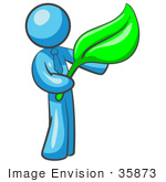 #35873 Clip Art Graphic Of A Sky Blue Guy Character Holding A Leaf