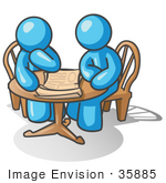 #35885 Clip Art Graphic Of Sky Blue Guy Characters Reading At A Table