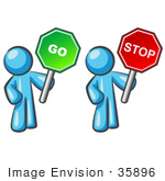 #35896 Clip Art Graphic Of A Sky Blue Guy Character With Go And Stop Signs