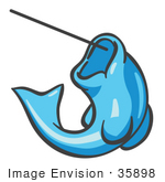 #35898 Clip Art Graphic Of A Sky Blue Fish On A Hook