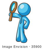 #35900 Clip Art Graphic Of A Sky Blue Guy Character Holding Up A Magnifying Glass